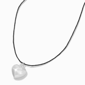 Puffy Silver-tone Heart Black Cord Pendant Necklace,