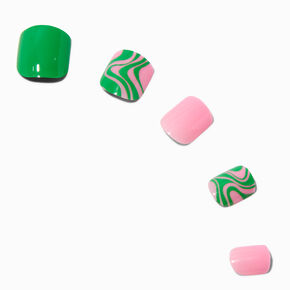 Pink &amp; Green Swirl Square Press On Faux Nail Set - 24 Pack,