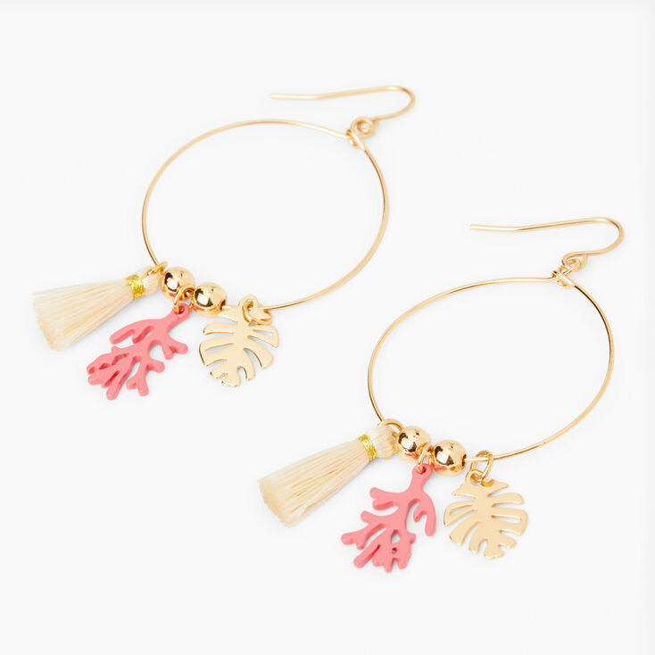 Gold Coral Palm Tassel Charms 2&quot; Hoop Earrings,