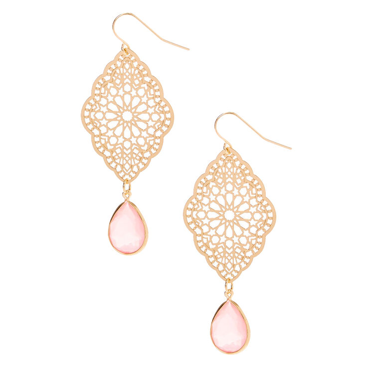 Gold 2.5&quot; Filigree Stone Drop Earrings - Pink,