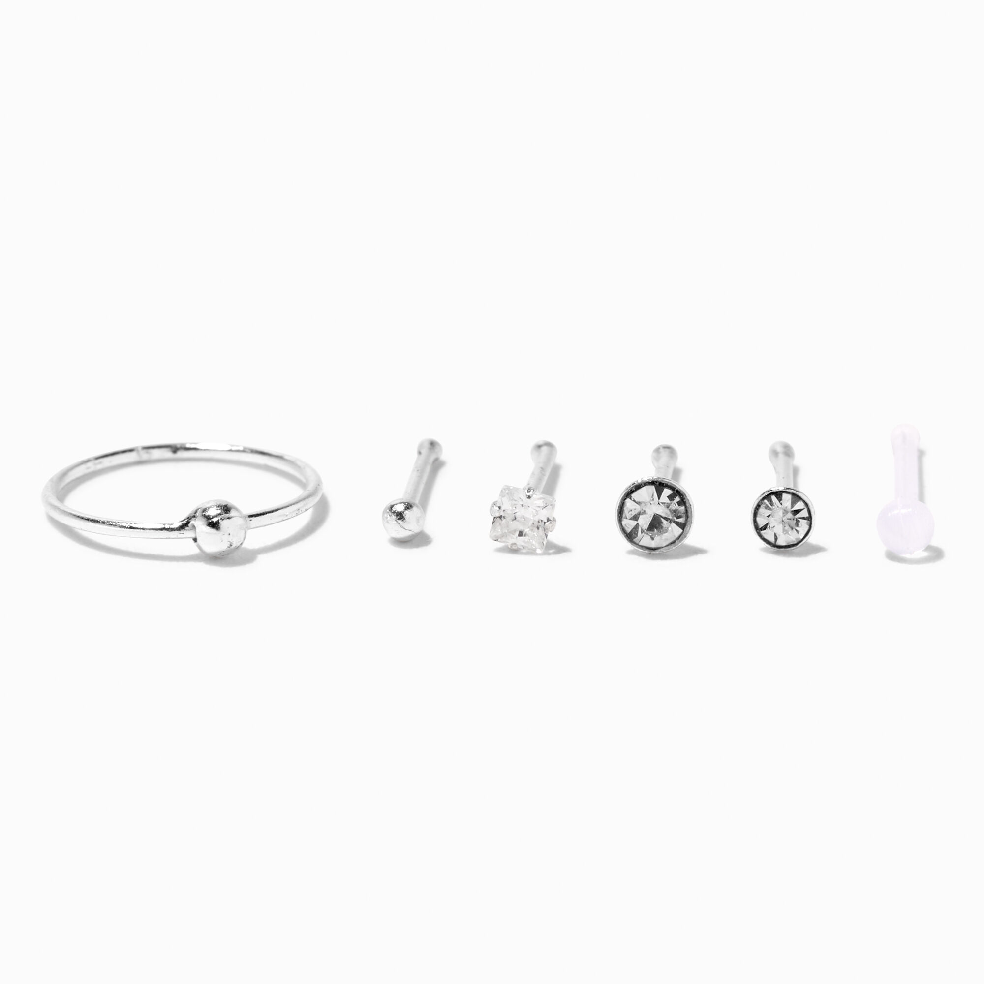 View Claires 22G Mixed Nose Stud Ring Set 6 Pack Silver information