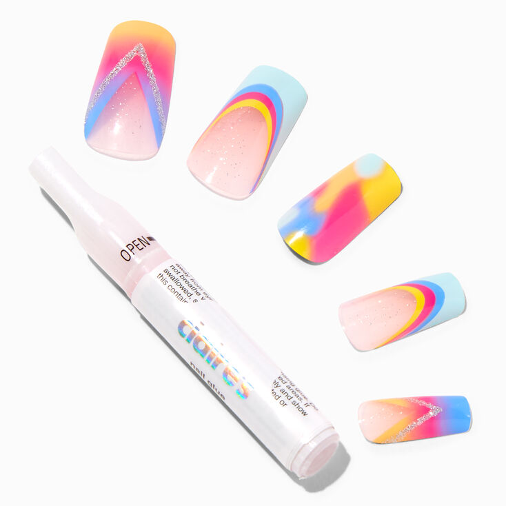 Neon Multicolored Glitter Long Square Vegan Faux Nail Set - 24 Pack,