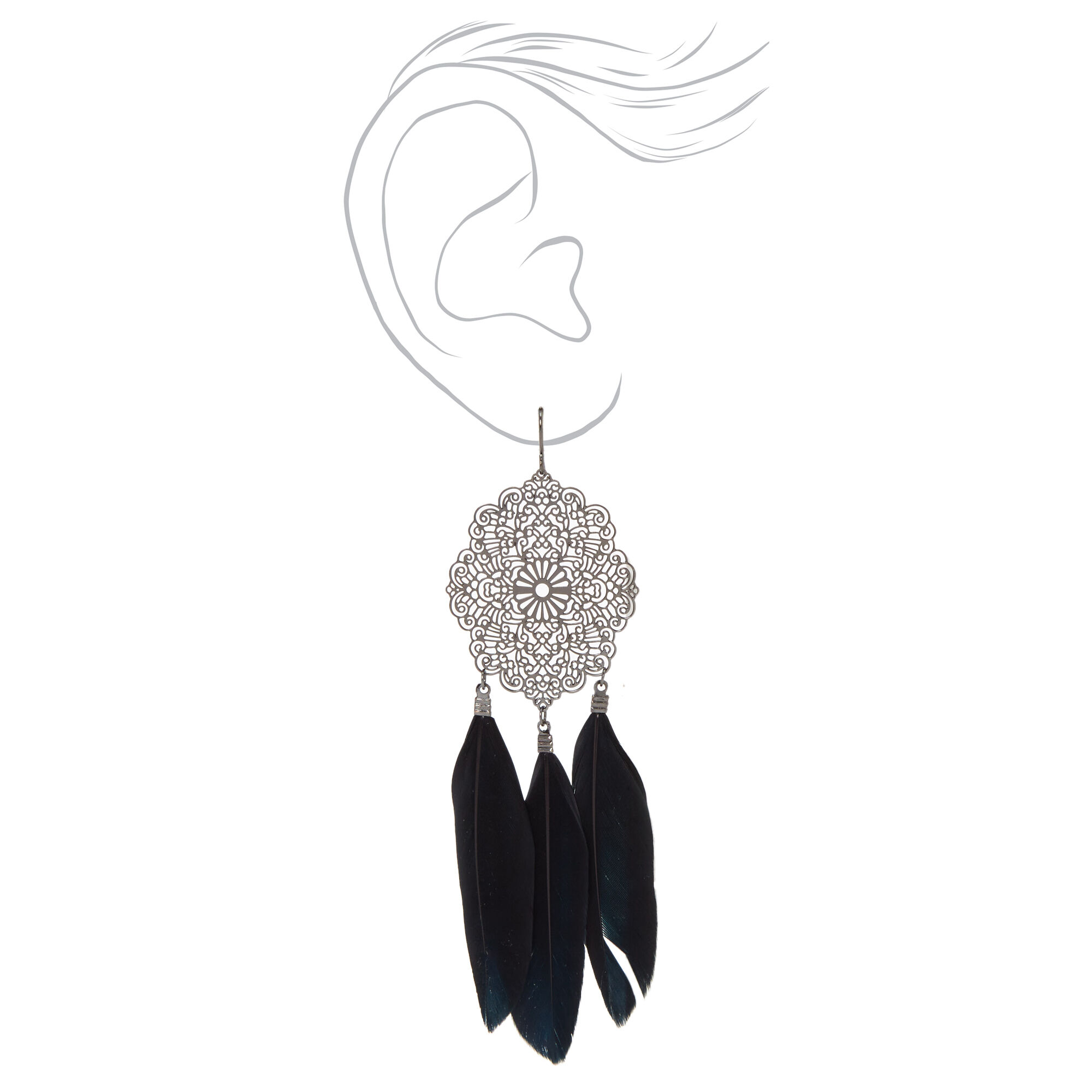 Fancy Filigree Feather Drop Earrings - Black,