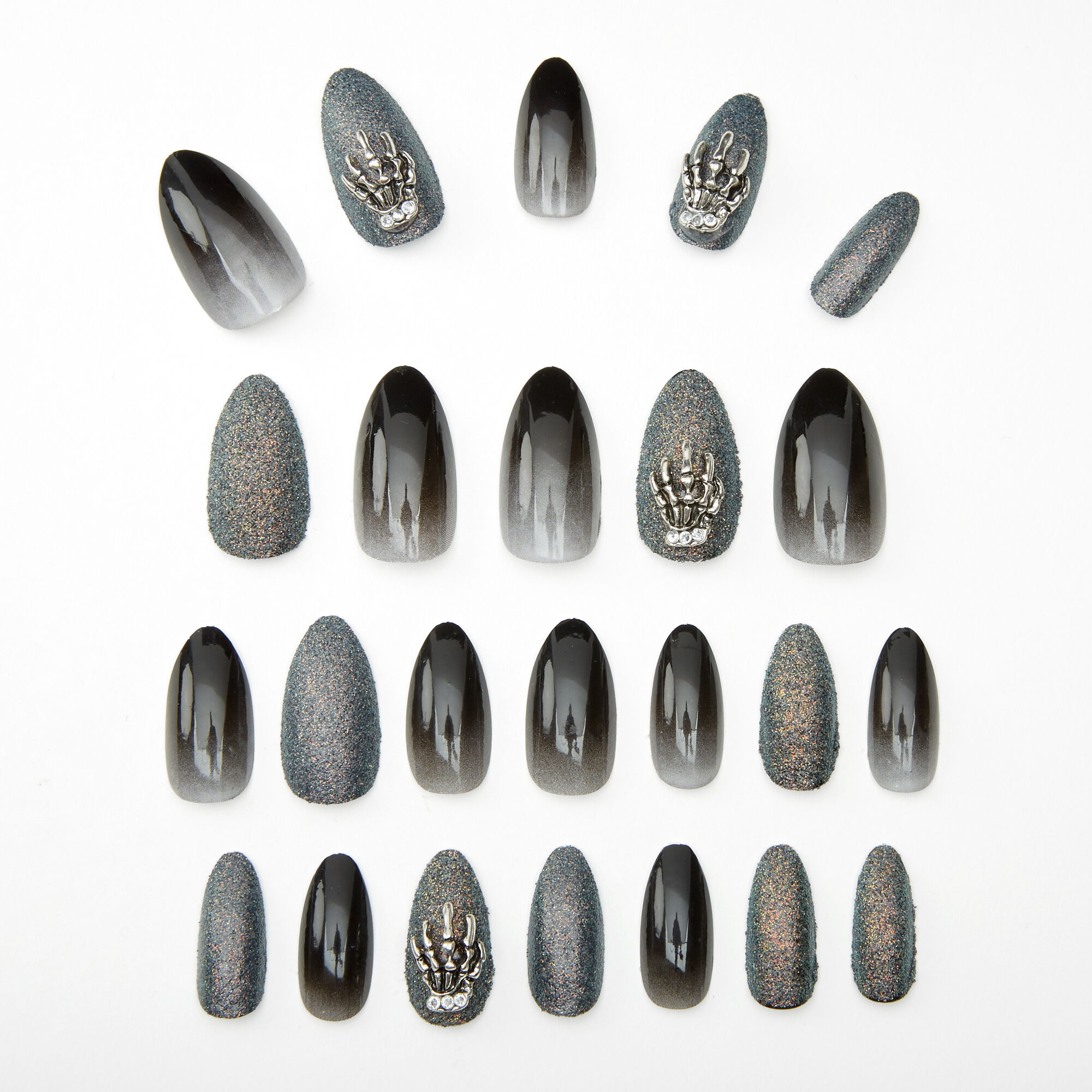Skeleton Hand Ombre & Glitter Stiletto Faux Nail Set - Black, 24 Pack,