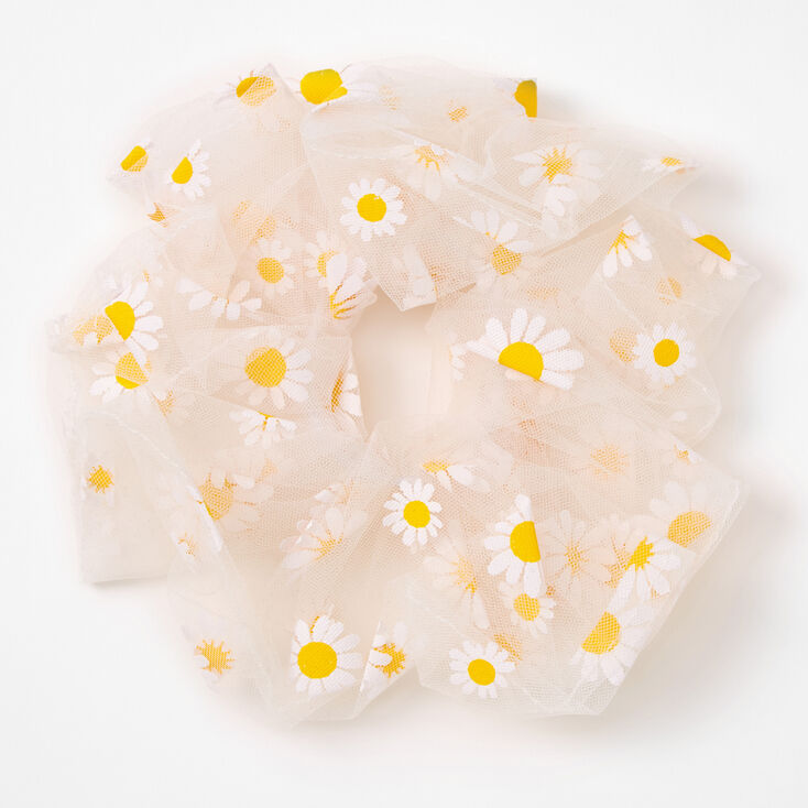 Giant Sheer Mesh Daisy Hair Scrunchie - White,