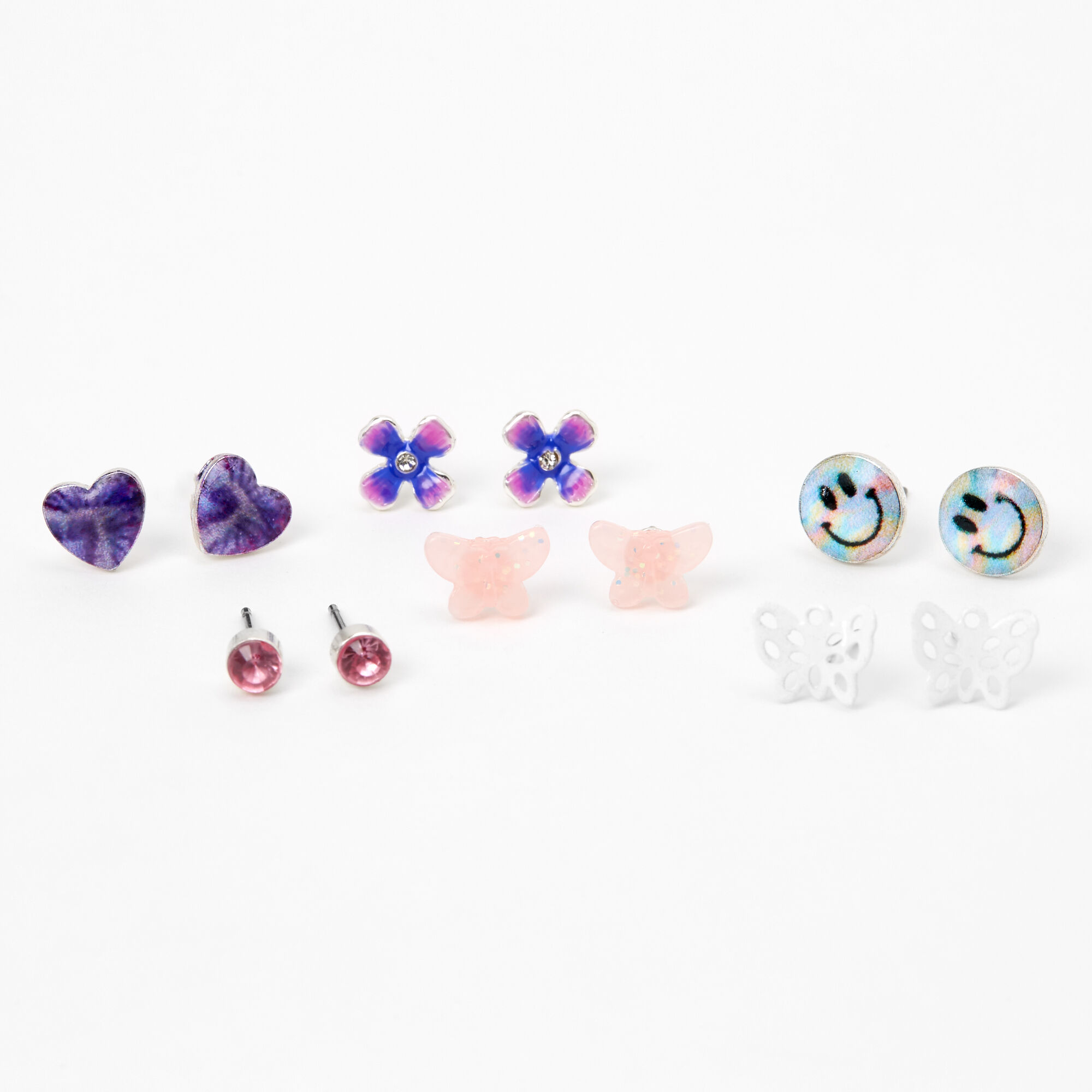 Silver Happiness Stud Earrings - 6 Pack,