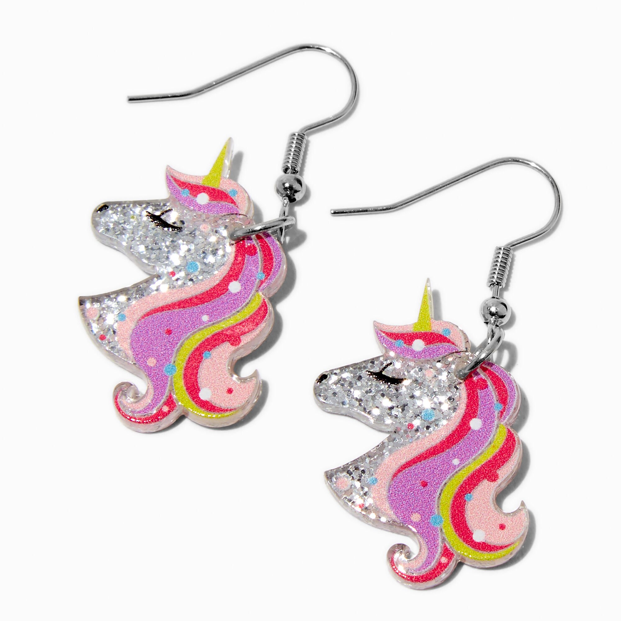View Claires SilverTone Glitter Unicorn 1 Drop Earrings Pink information