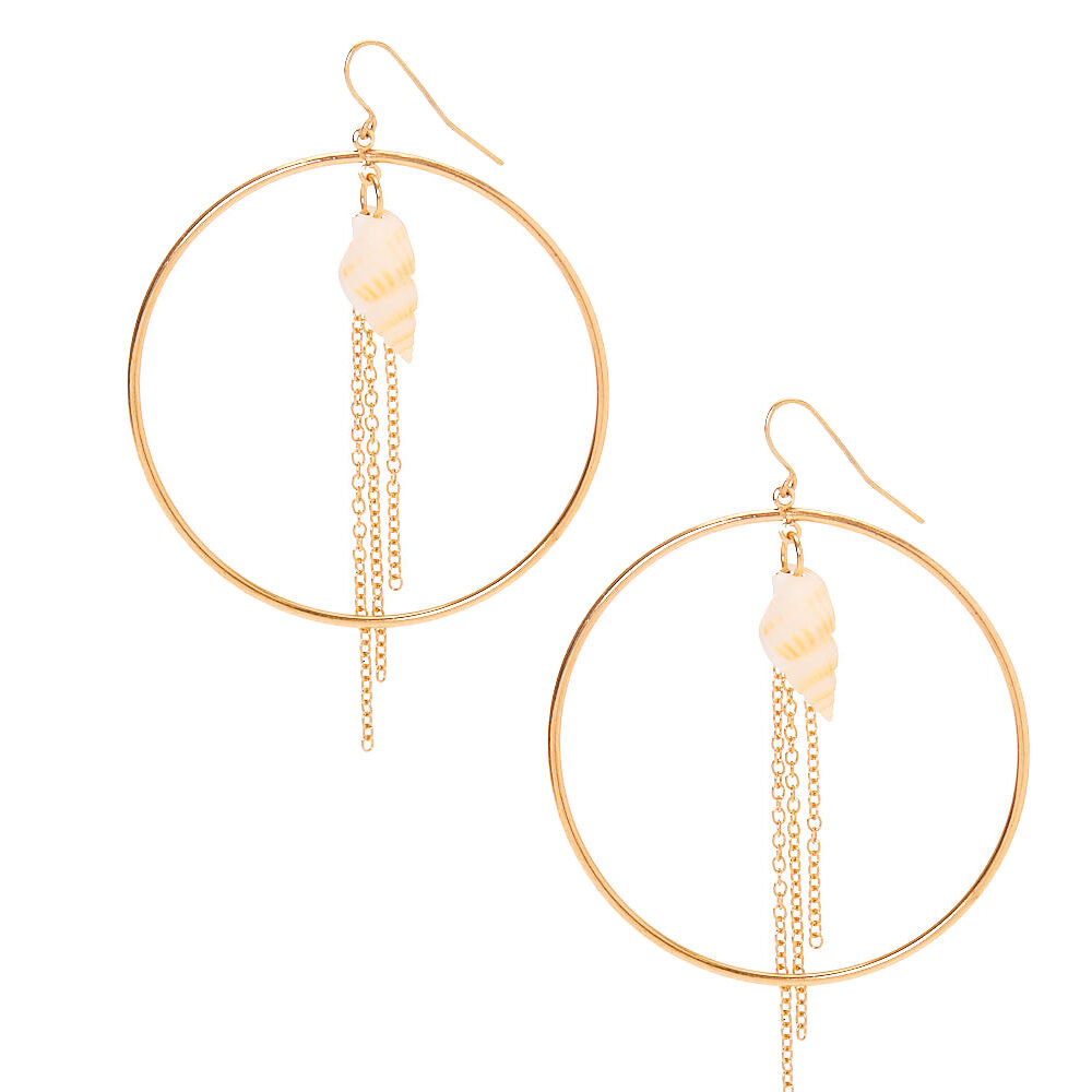 Gold 2" Seashell Circle Drop Earrings,