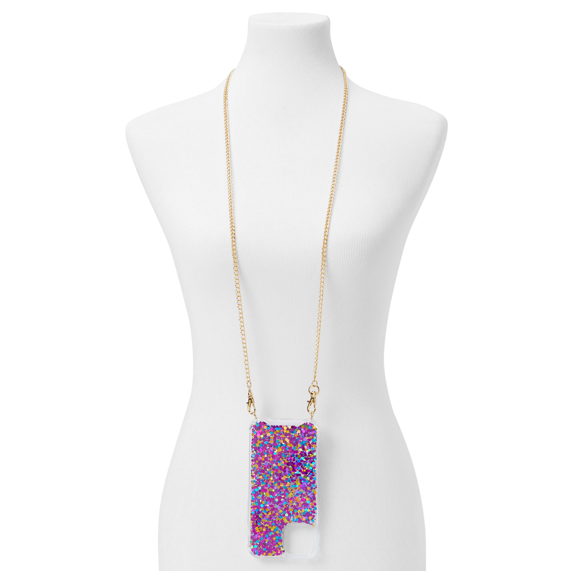 Magenta Glitter Phone Case With Chain - Fits iPhone 12/12 Pro,