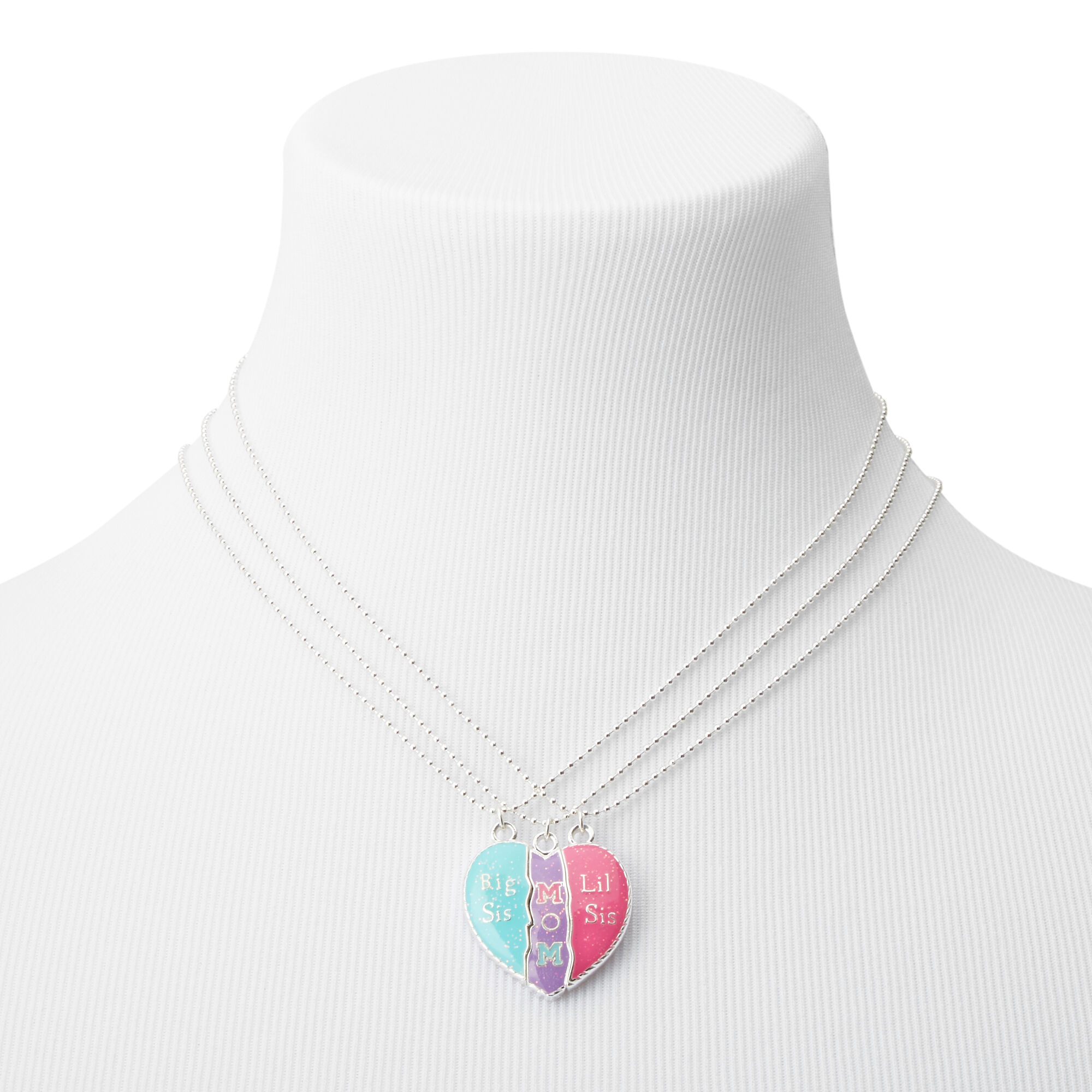Mom Big Sis Lil Sis Heart Pendant Necklaces 3 Pack