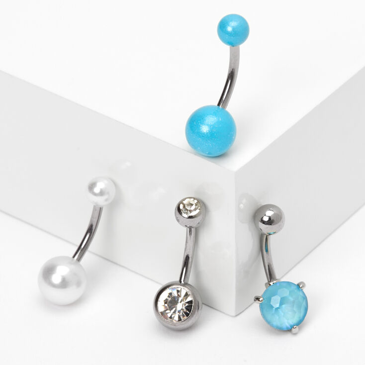 Piercings de nombril perle d&#39;imitation et pierre 1,6&nbsp;mm couleur argent&eacute;e - Bleu, lot de 4,