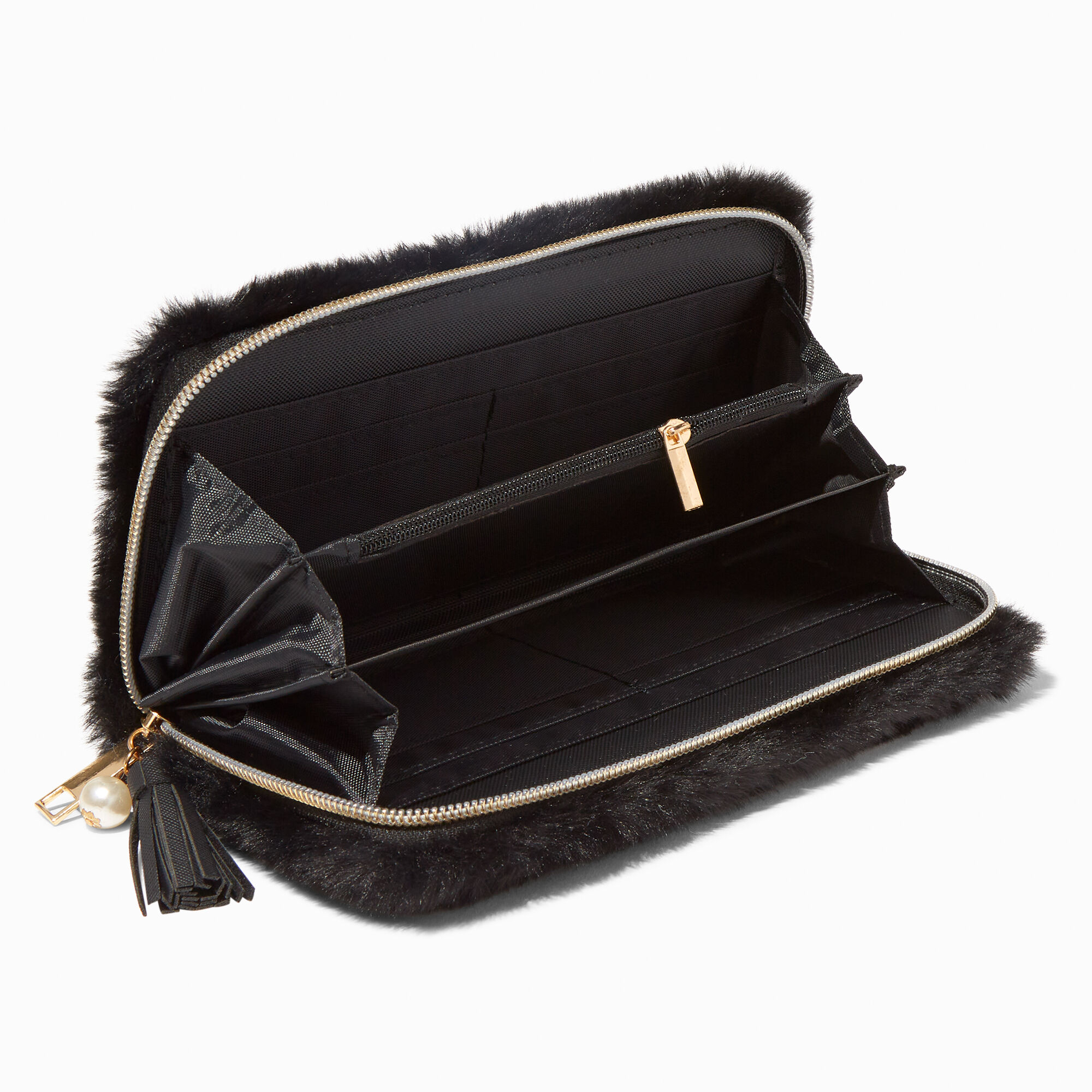 Black Furry Pearl Initial Wristlet Wallet - E,
