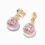 Gold 1&quot; Rainbow Glitter Shaker Clip On Drop Earrings,