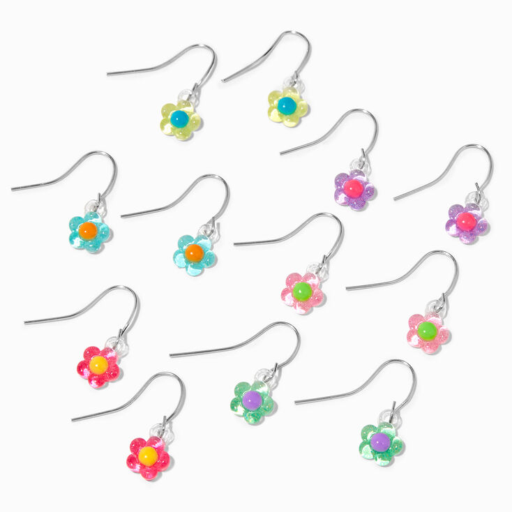 Silver 1&quot; Acrylic Daisy Flower Drop Earrings - 6 Pack,