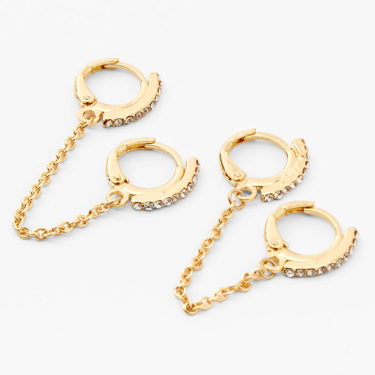 Gold Embellished Connector Chain Huggie Hoop Earrings,