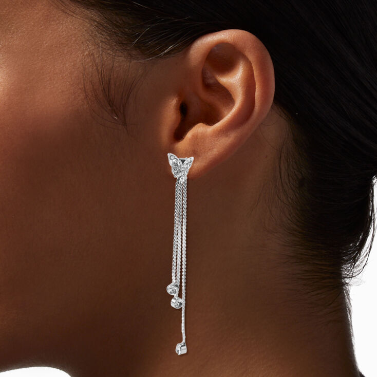 Crystal Butterfly Silver-tone Chain Fringe 3&quot; Drop Earrings,