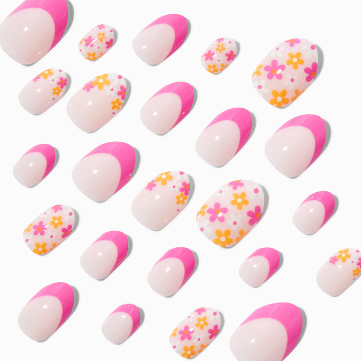 Pink French Tip Daisy Stiletto Press On Faux Nail Set - 24 Pack,