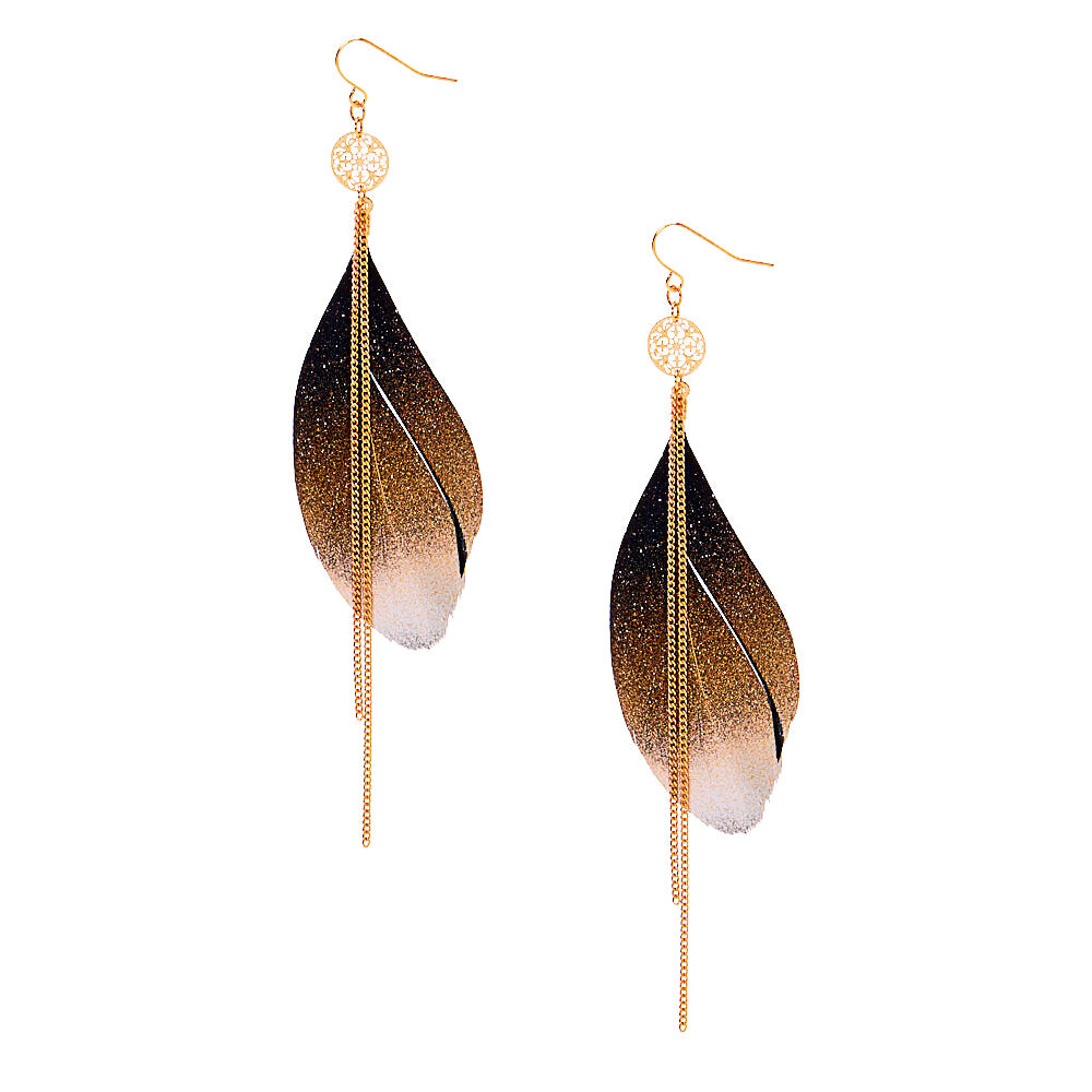 Boucles d/'Oreilles plumes noires chaines dorées et noires top tendance