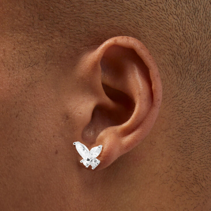 Silver-tone Cubic Zirconia Butterfly Stud Earrings,
