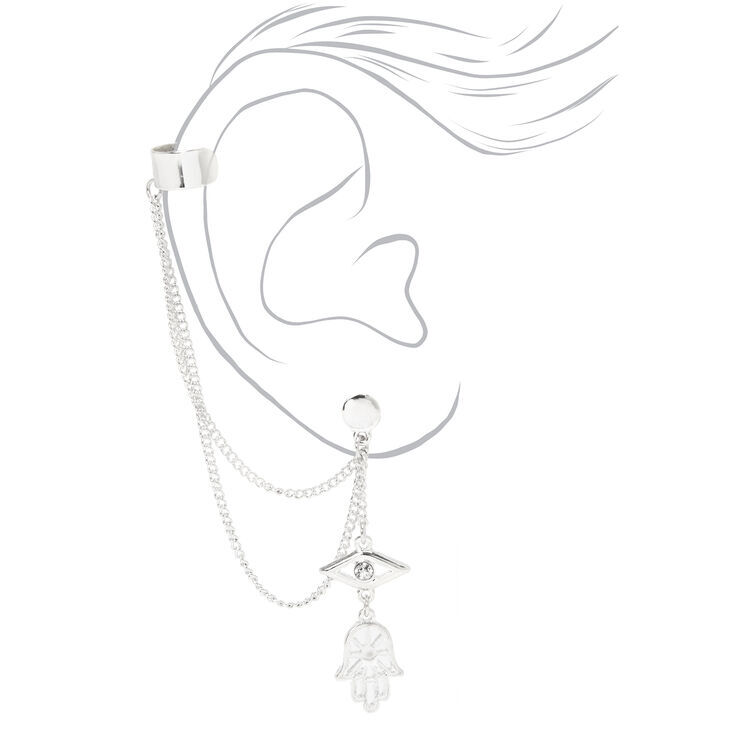 Silver Evil Eye Hamsa Hand Ear Connector Earrings,
