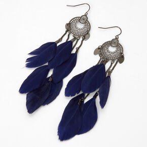 Silver 4&quot; Medallion Blue Feather Drop Earrings,