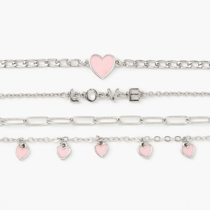 Silver Rhinestone Heart Chain Bracelets - 4 Pack,