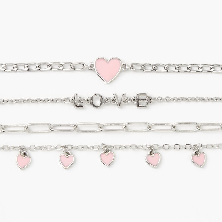Silver Rhinestone Heart Chain Bracelets - 4 Pack,