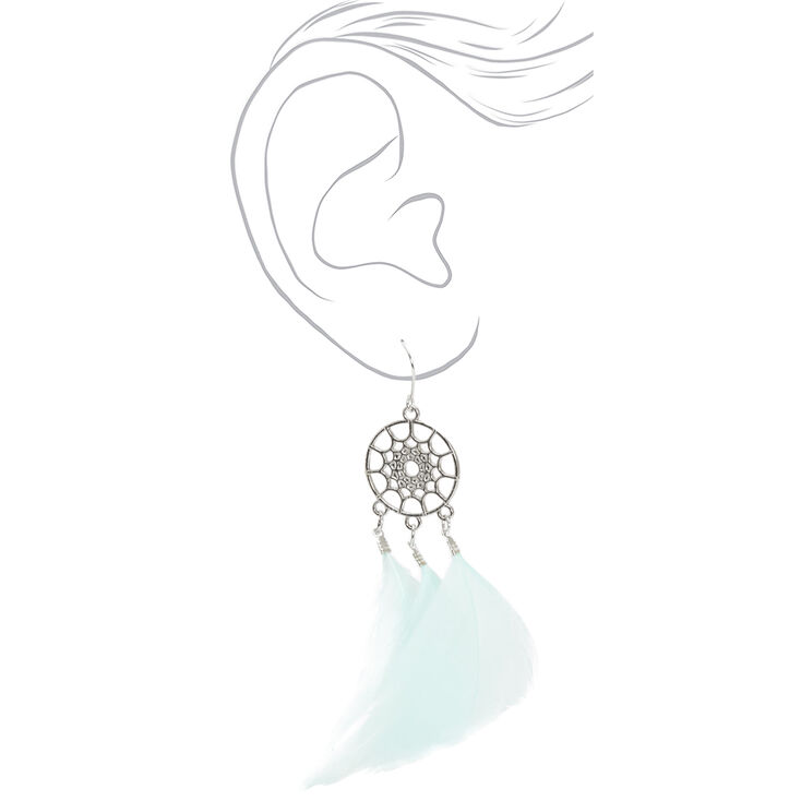 Silver 3&quot; Feather Dreamcatcher Drop Earrings - Mint,