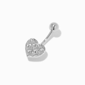 Silver-tone Stainless Steel Quilted Heart 14G Belly Bar,