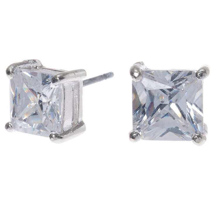 Silver-tone Cubic Zirconia 7mm Square Stud Earrings,