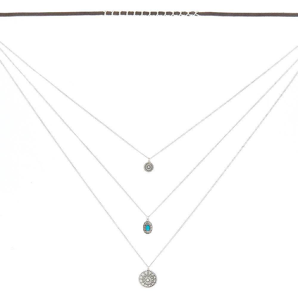 Silver Boho Multi Strand Choker Necklace,