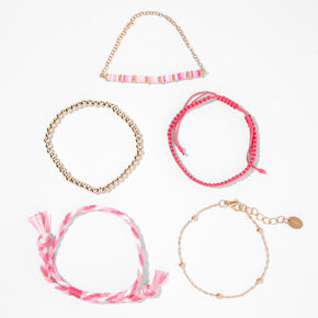 Gold &amp; Pink Beaded &amp; Woven Bracelet Set - 5 Pack,