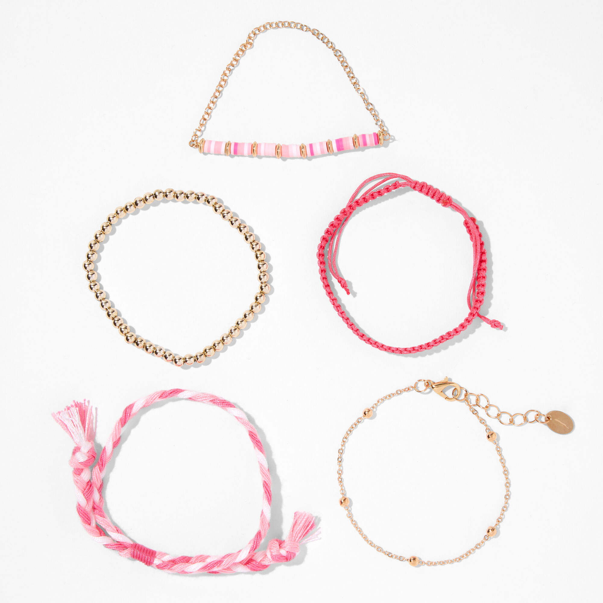 View Claires GoldTone Beaded Woven Bracelet Set 5 Pack Pink information
