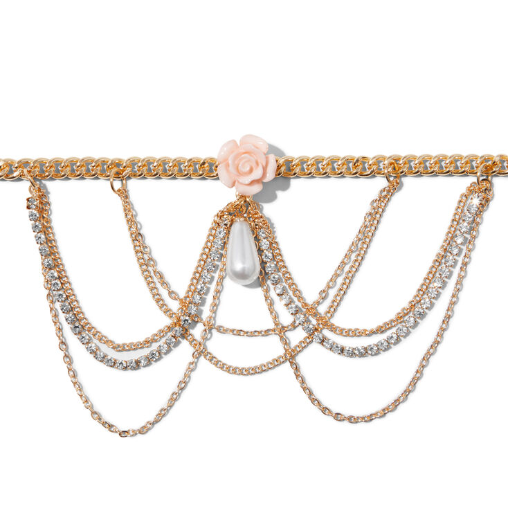 Pink Rose Crystal Gold-tone Chain Drape Choker Necklace