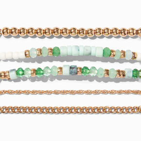 Green &amp; Gold Beaded Chain Bracelet Set - 5 Pack,