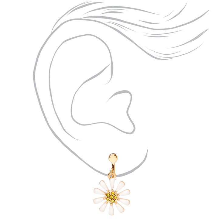 Gold 1&quot; Daisy Clip On Drop Earrings - White,