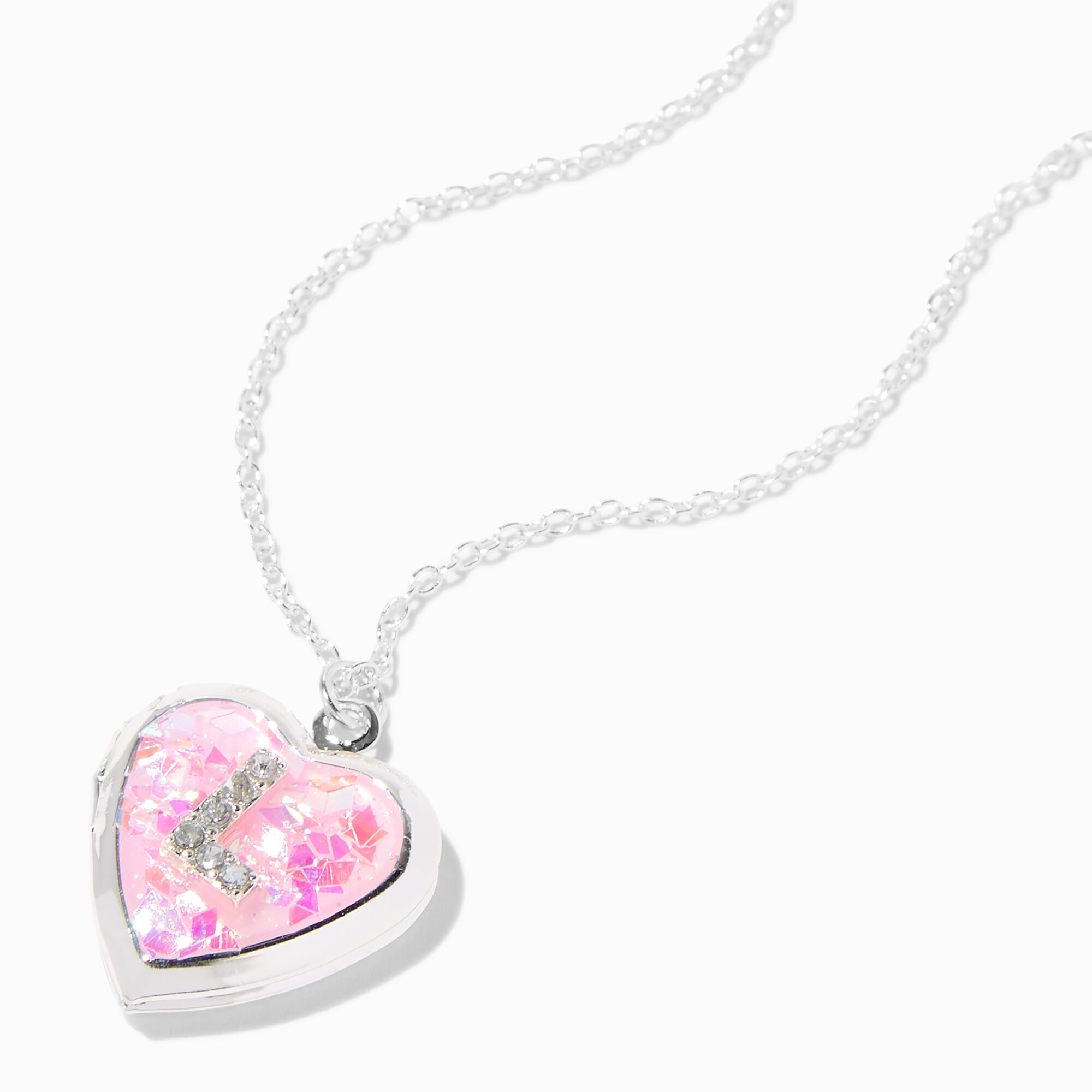 claire's pink embellished initial glitter heart locket necklace (l)