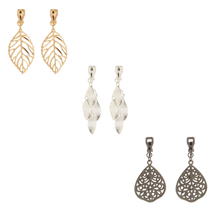 Mixed Metal 1.5&quot; Filigree Leaf Clip on Drop Earrings - 3 Pack,