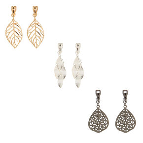 Mixed Metal 1.5&quot; Filigree Leaf Clip on Drop Earrings - 3 Pack,
