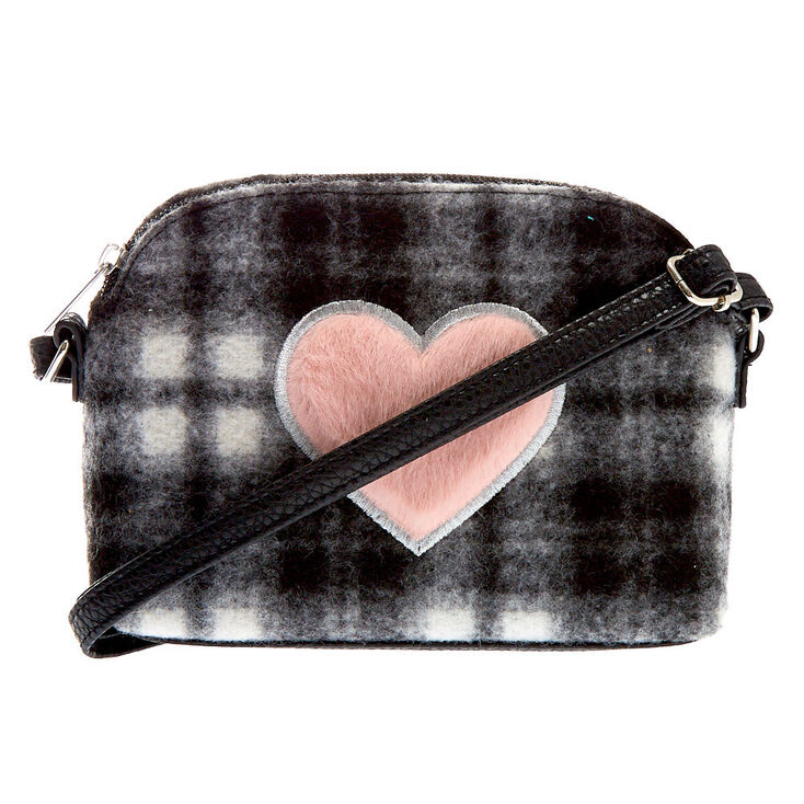 Claire's Sac à bandoulière motif cœur en flanelle pelucheuse - Noir