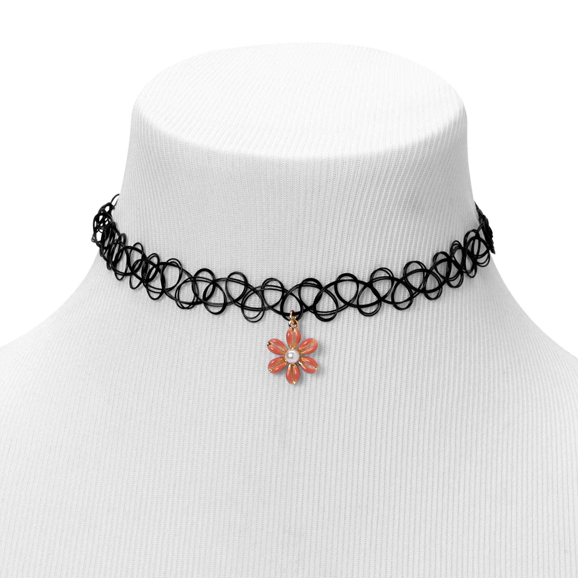 Pink Daisy Charm Black Tattoo Choker Necklace