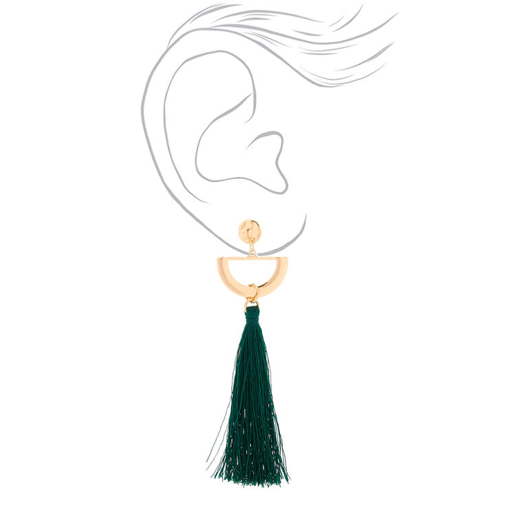 Gold 4&quot; Half Moon Tassel Drop Earrings - Green,
