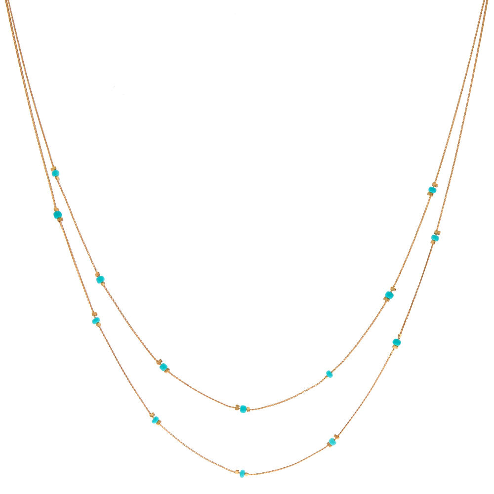 Gold Beaded Multi Strand Necklace - Turquoise,