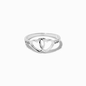 Double Heart Silver-tone Ring ,