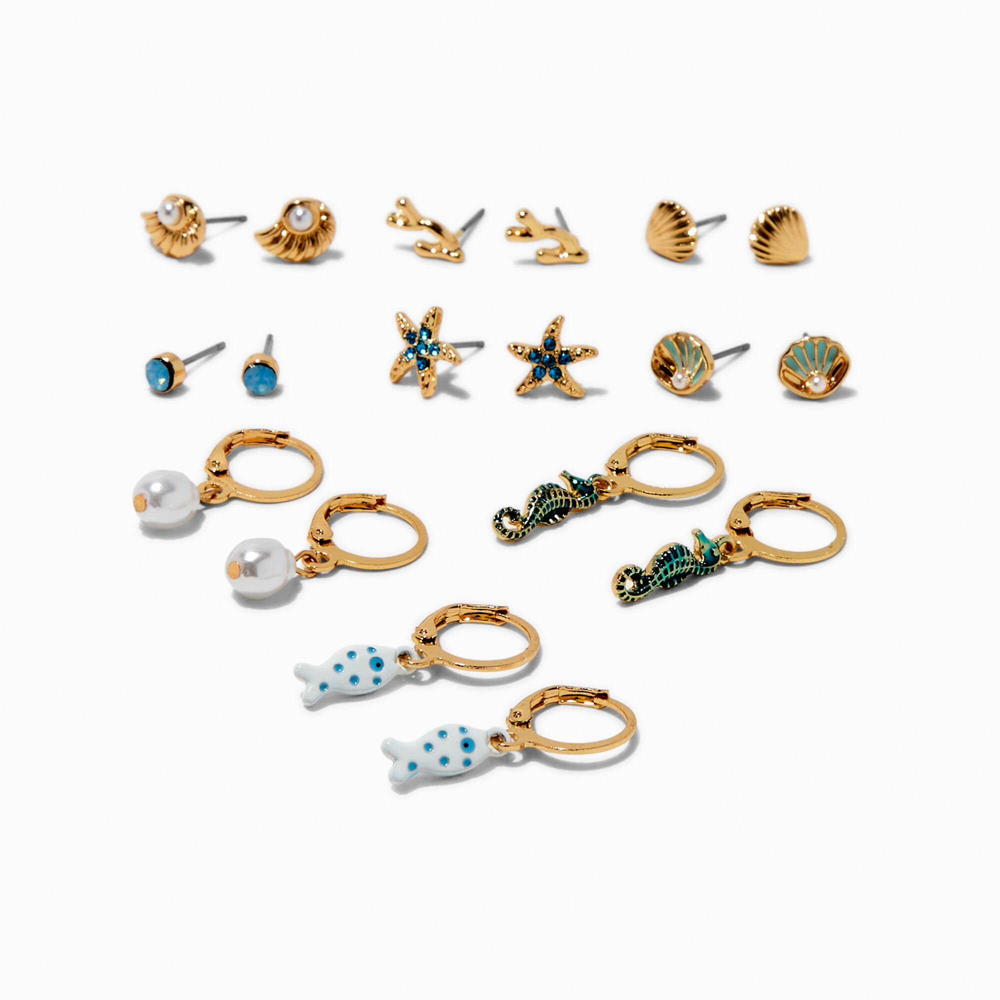 Gold-tone Beach Stud & Hoop Earrings - 9 Pack,