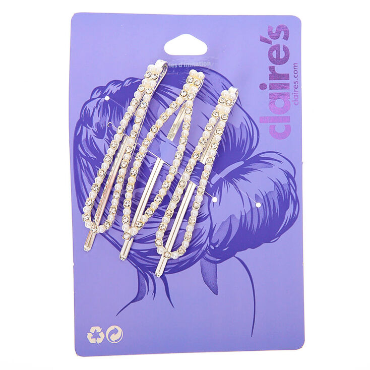 Claire's Épingles plates ovales perle d'imitation strass couleur argenté - Lot de 3