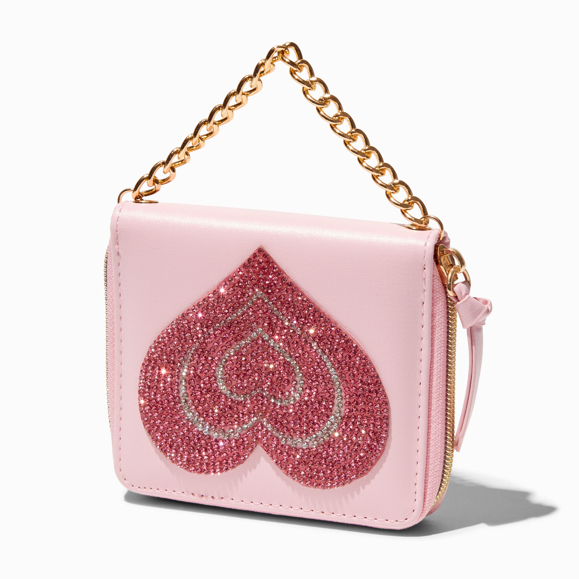 View Claires Embellished Heart Zip Around Wallet Pink information