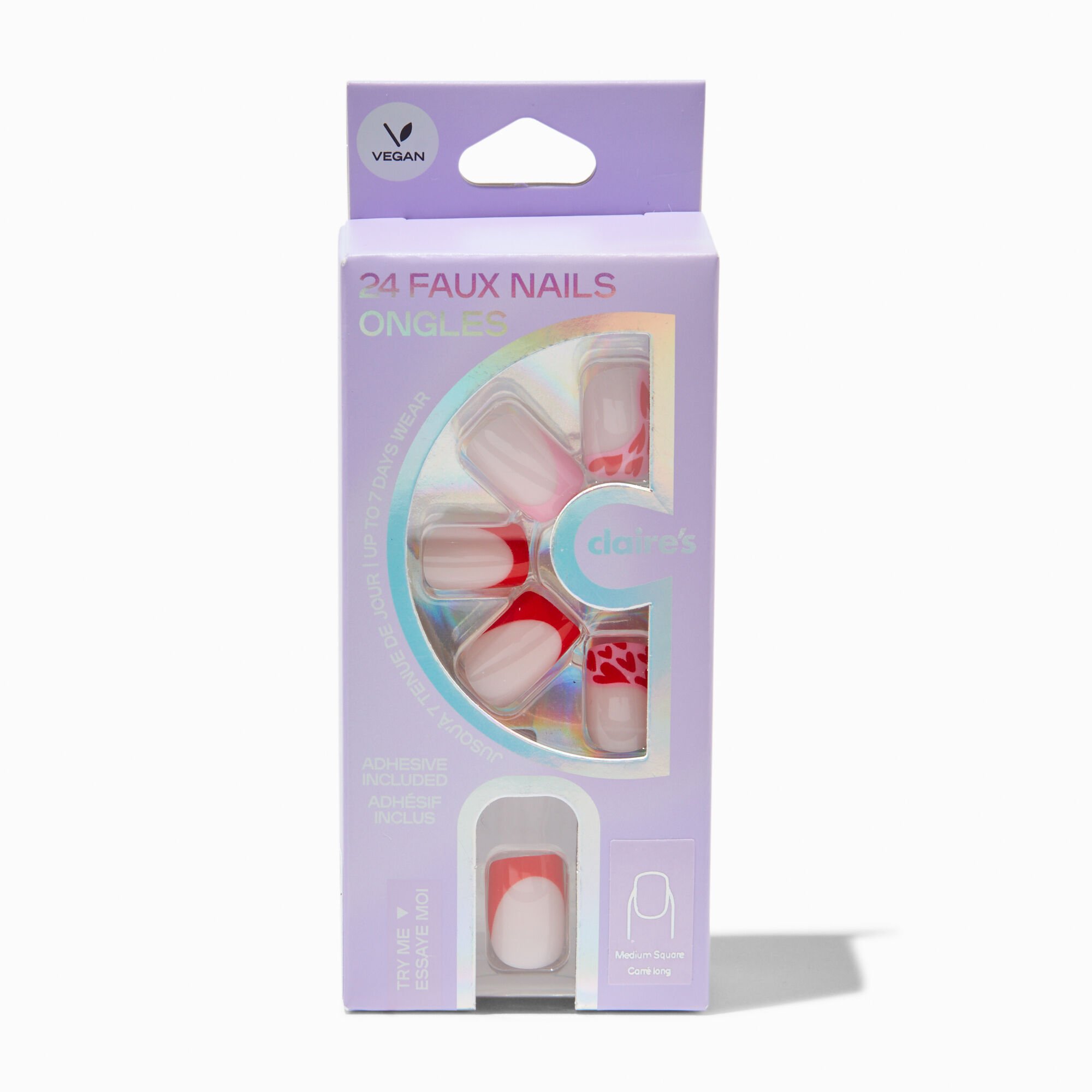 Red Heart French Tip Square Vegan Faux Nail Set - 24 Pack,