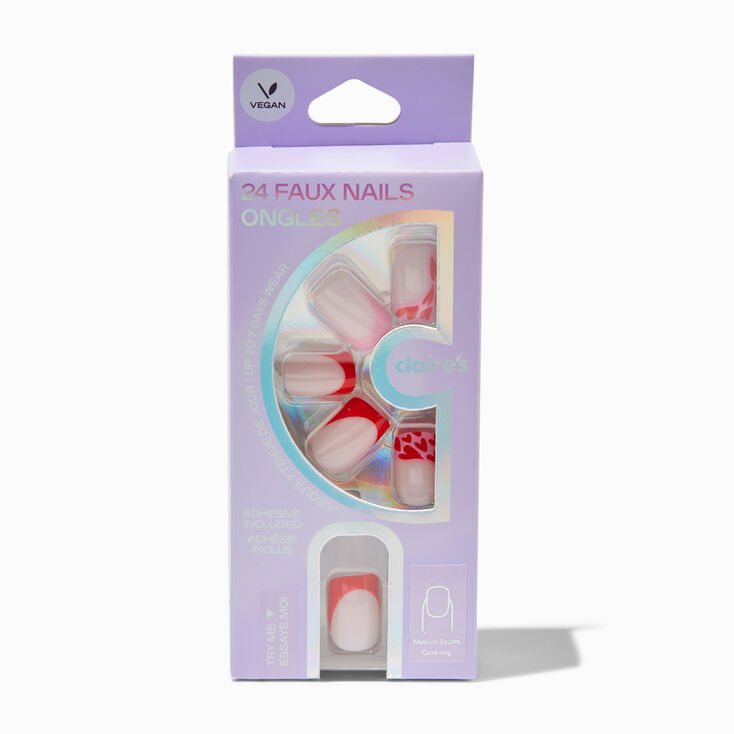 Red Heart French Tip Square Vegan Faux Nail Set - 24 Pack,