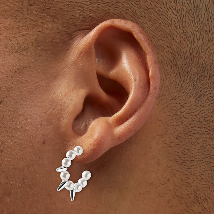 Silver-tone Pearl &amp; Spike 10mm Hoop Earrings,